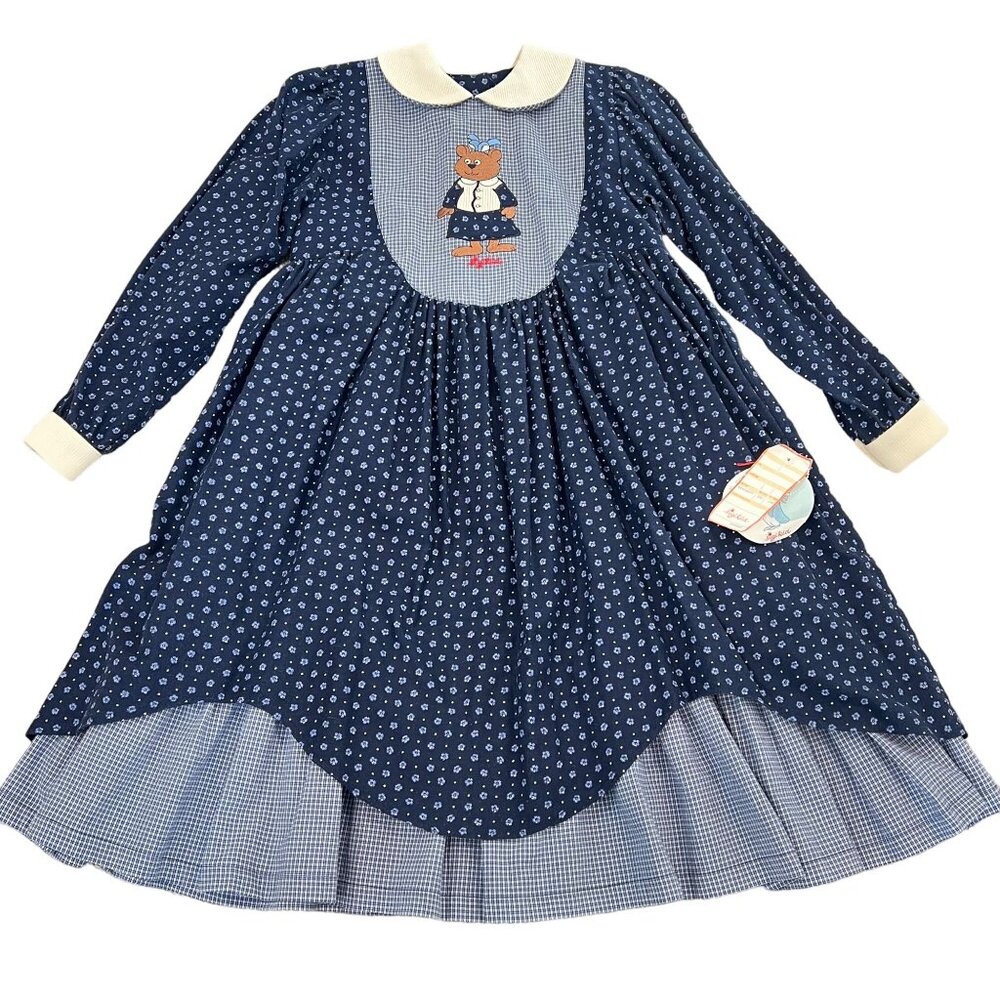 Sigikid Girls Long Sleeve Dress Size M Navy Blue Floral Bear Print Cotton Vintag